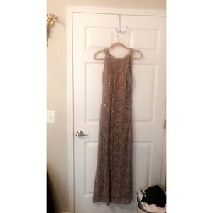 r&m richards taupe lace an sequin dress.